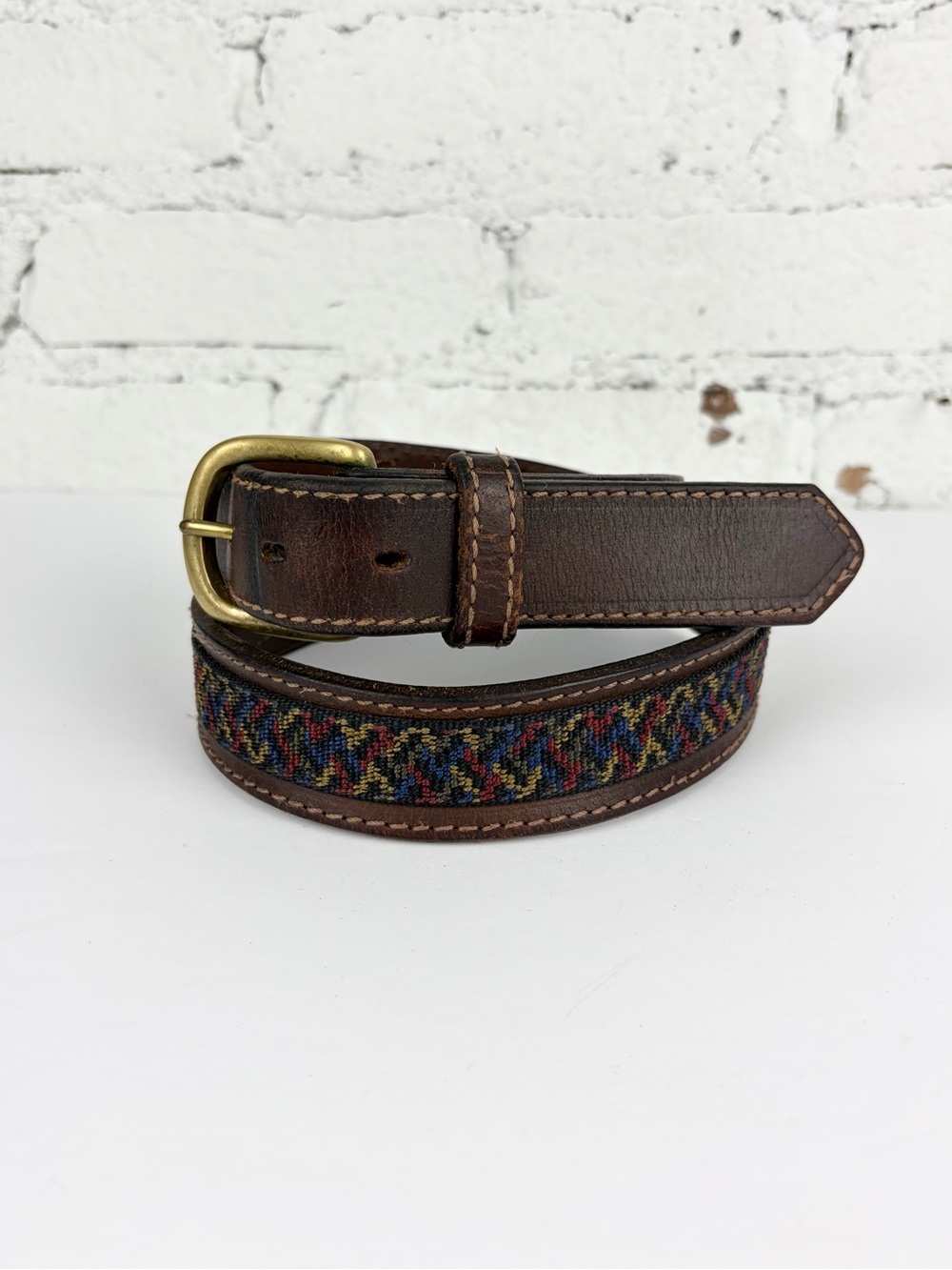 Colorado Buffalo Leather Kilim Tapestry Woven Embroidered Brass Belt 32